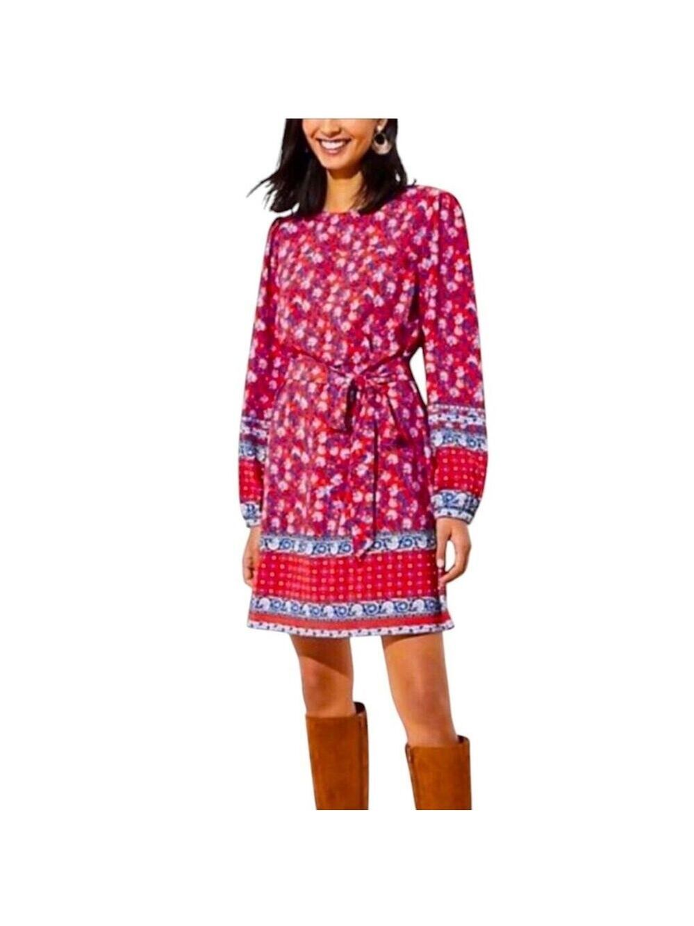 LOFT BORDER FLORAL ROUND NECK BALLOON SLEEVES LENGTH DRESS SIZE MP MULTI RED - Picture 2 of 9